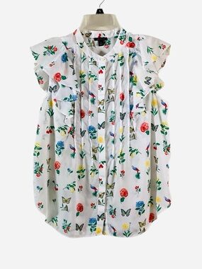 Ann Taylor Flutter Sleeve Botanical Parrot Butterfly Blouse Medium